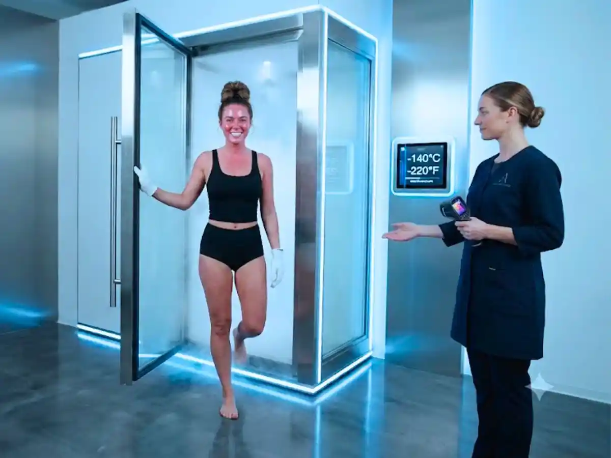 Woman stepping out of a whole-body cryotherapy chamber after a treatment session while a clinician supervises the process.
