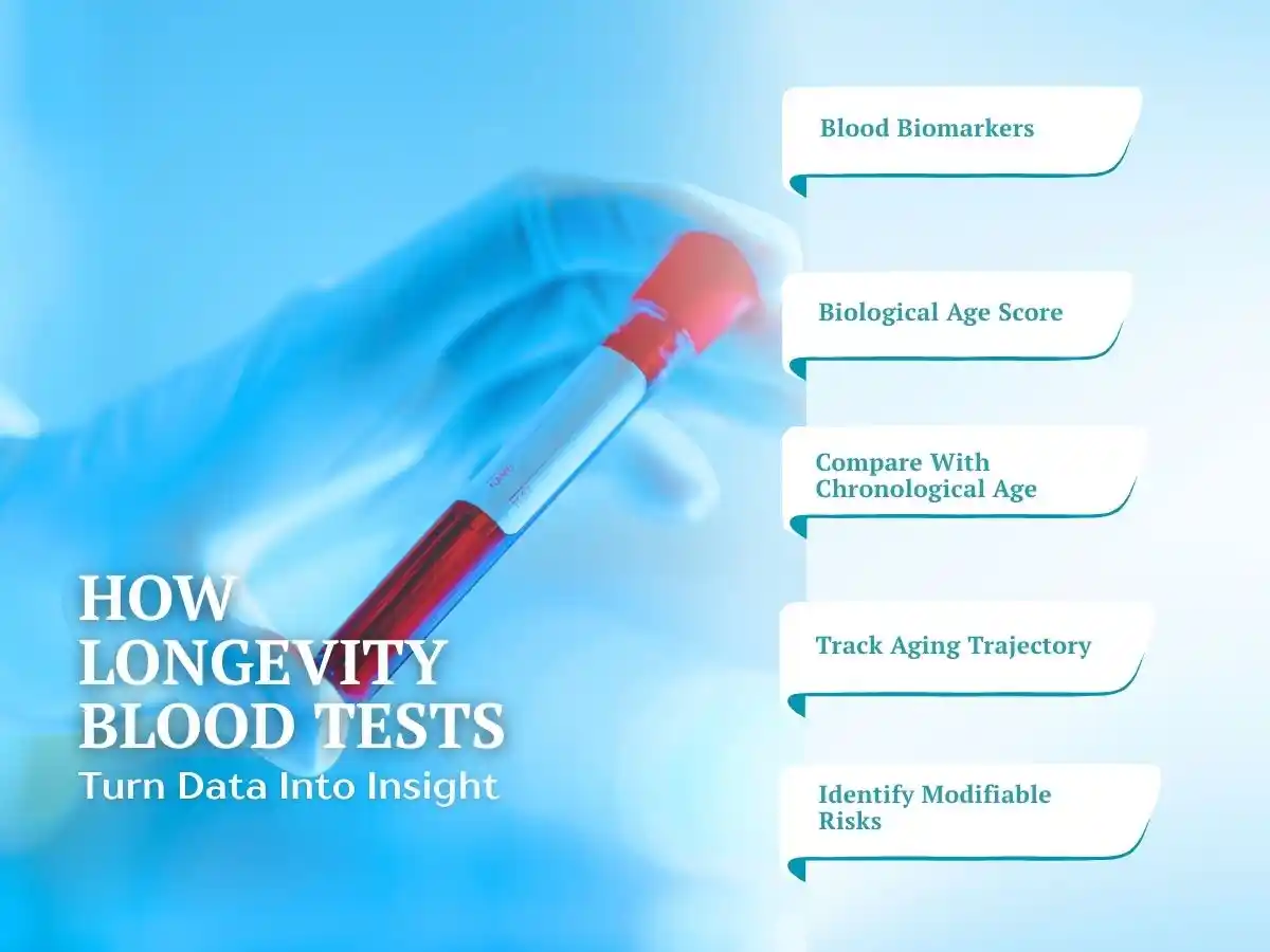 Longevity blood tests measuring biomarkers and biological age to track aging and identify health risks.