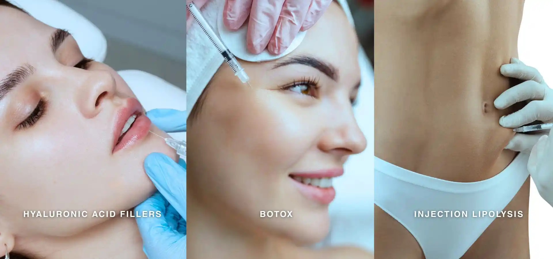 Collage showing aesthetic treatments including hyaluronic acid fillers, Botox injections, and injection lipolysis for facial and body enhancement.