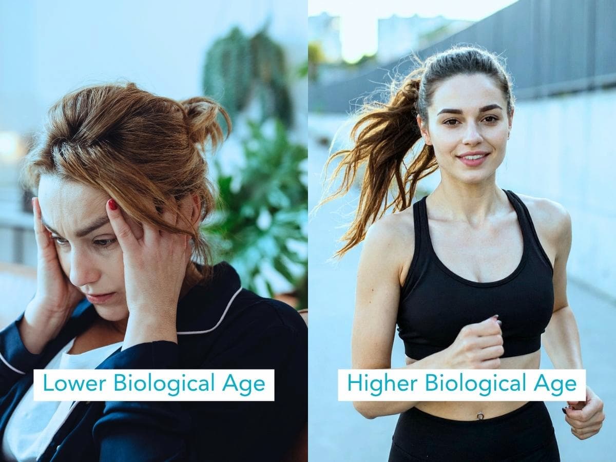 Side-by-side image of a stressed woman holding her head and a fit woman jogging, illustrating lower vs higher biological age and lifestyle impact on health.