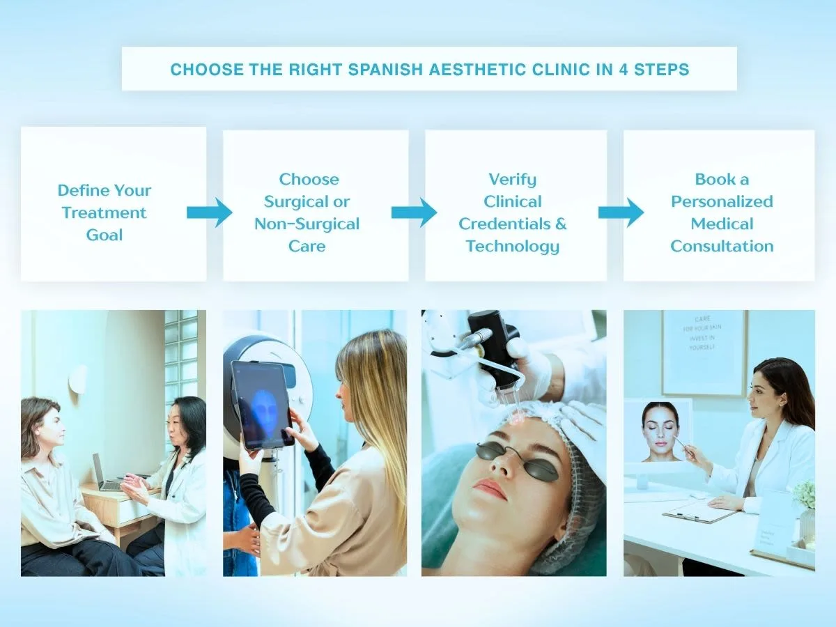Infographic showing four steps to choose the right Spanish aesthetic clinic: define your treatment goals, choose surgical or non-surgical care, verify credentials and technology, and book a consultation.
