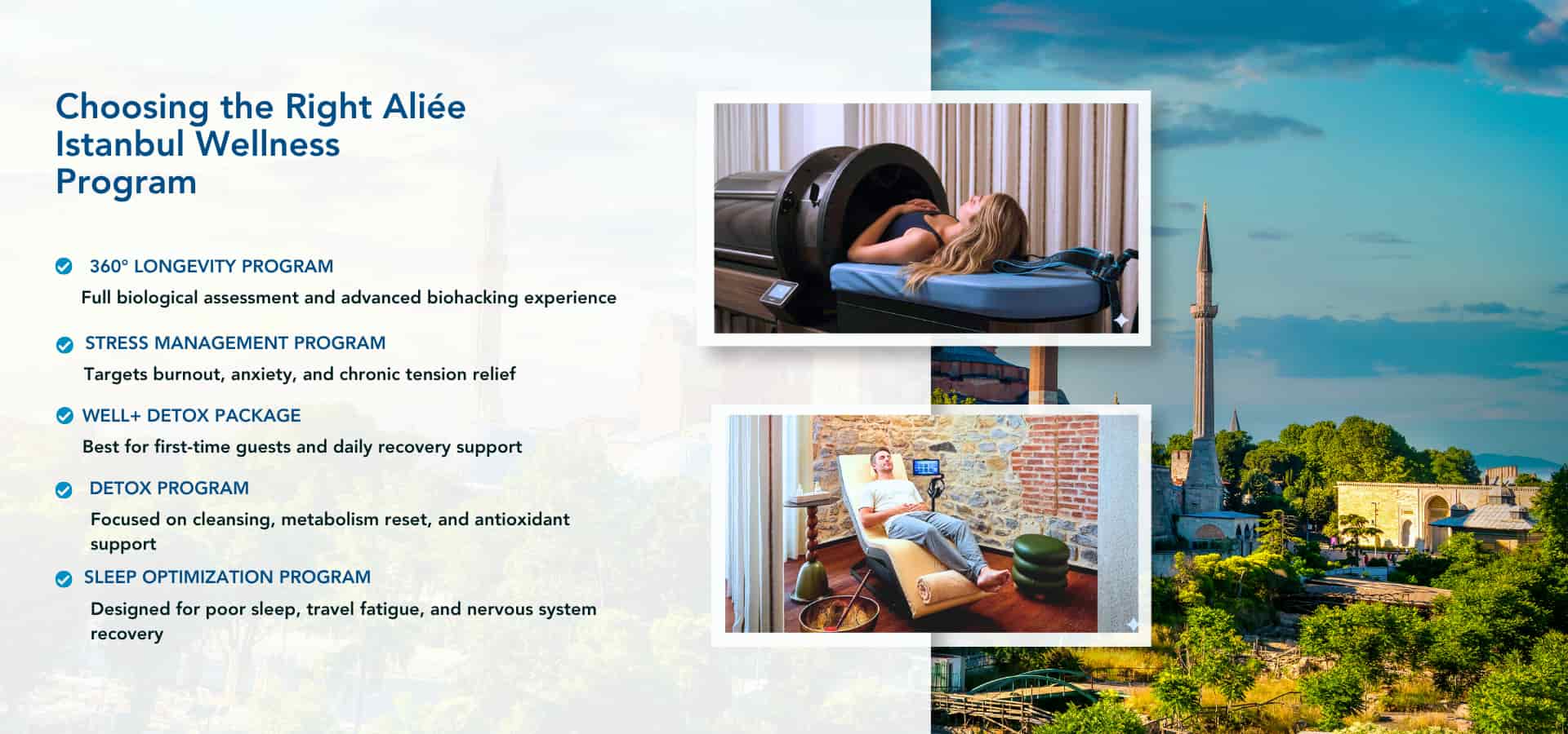 Infographic about Allée Istanbul wellness programs featuring longevity, stress management, detox, and sleep optimization therapies with wellness treatment images.