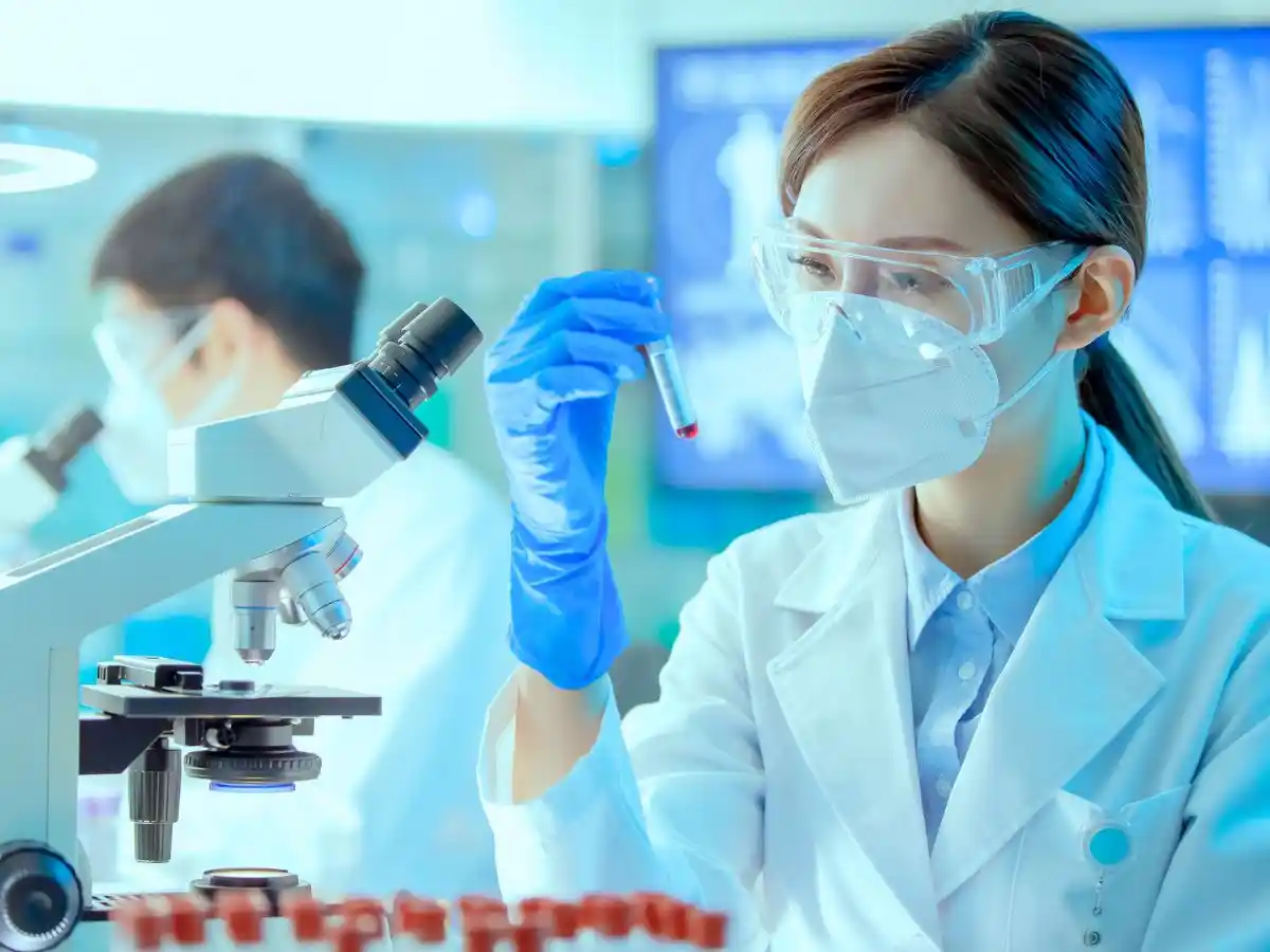 Medical researchers analyzing a blood sample in a laboratory.
