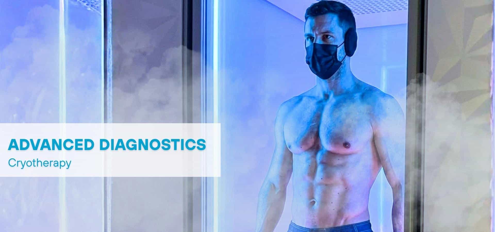 A man undergoing Cryotherapy in a chamber, wearing a face mask and ear protection, surrounded by cold mist, representing advanced diagnostics and recovery treatment.