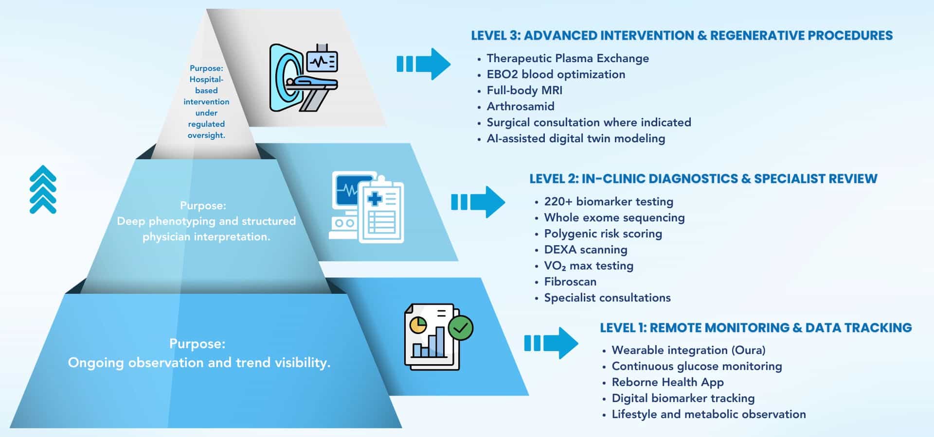 Three-level clinical routing model at Reborne Longevity illustrating structured escalation from remote monitoring and multi-omic diagnostics to advanced regenerative and hospital-based interventions.