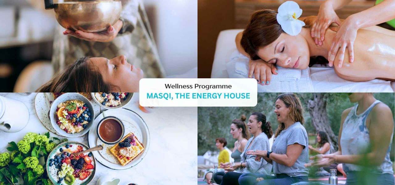 Collage of a wellness retreat program featuring sound healing, massage therapy, healthy food, and group meditation activities focused on relaxation and healthy living.