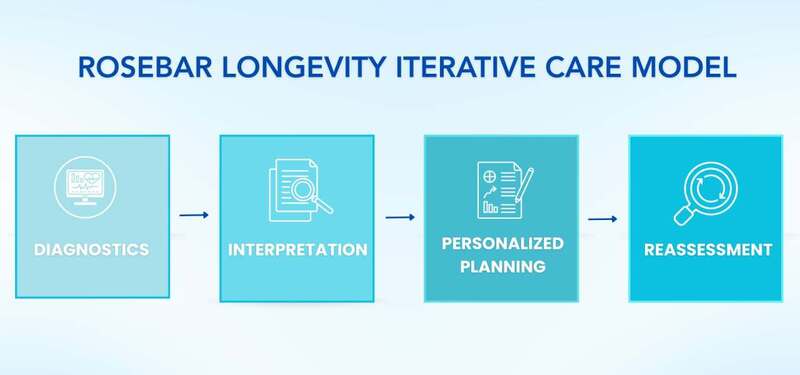 Diagram titled “RoseBar Longevity Iterative Care Model” showing four steps in sequence: Diagnostics, Interpretation, Personalized Planning, and Reassessment.