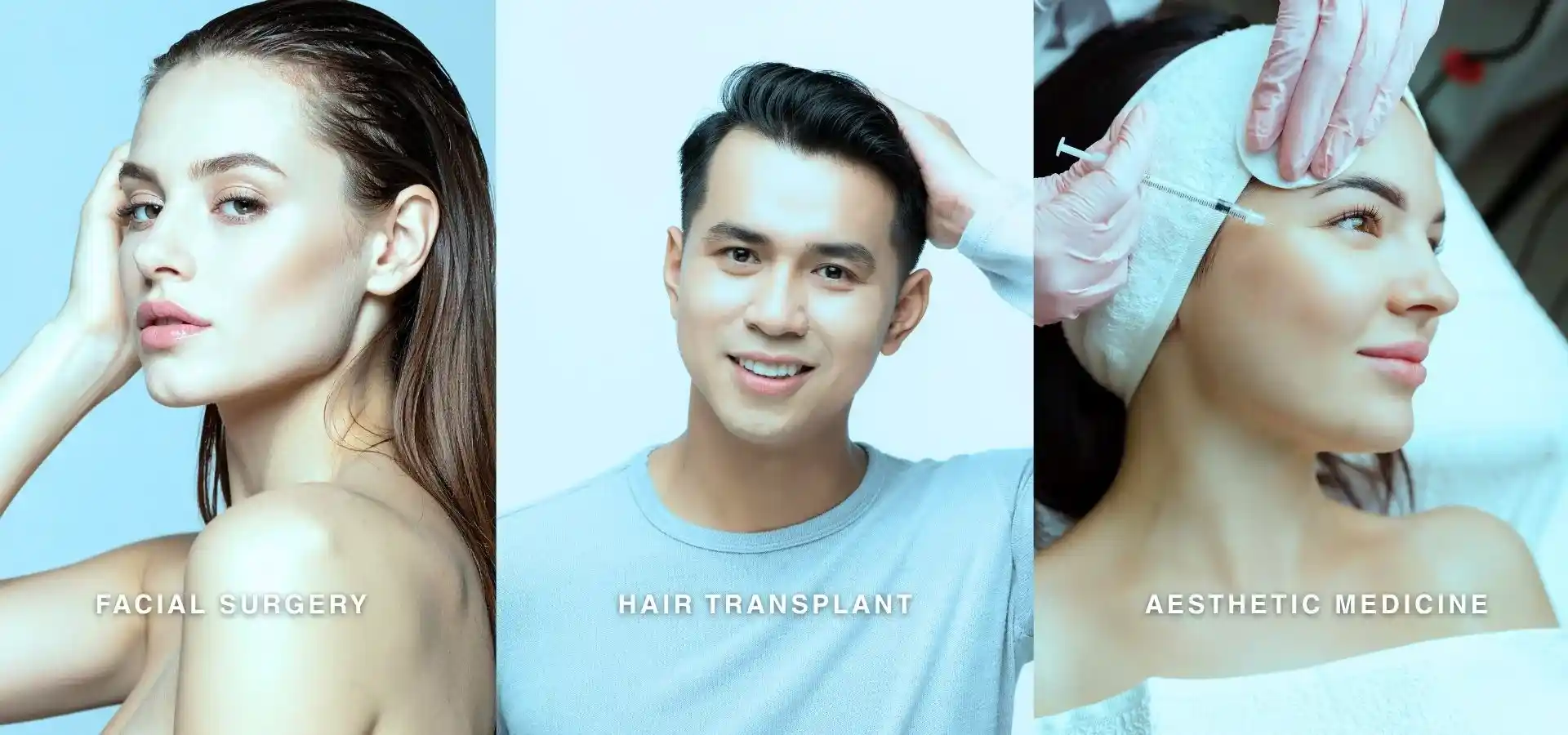 Dreiteilige Bildcollage mit einer Frau für Gesichtschirurgie, einem lächelnden Mann für Haartransplantation und einer Frau, die in einer Klinik eine ästhetische Gesichtsbehandlung mit Injektion erhält.