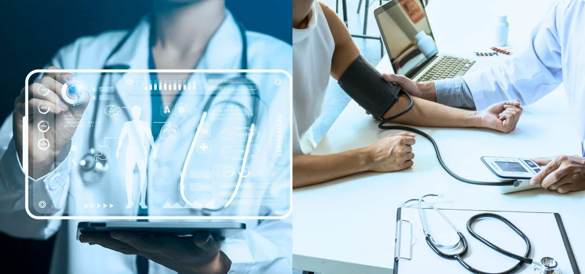 Doctor using digital health interface and patient blood pressure check during clinical examination in modern healthcare setting