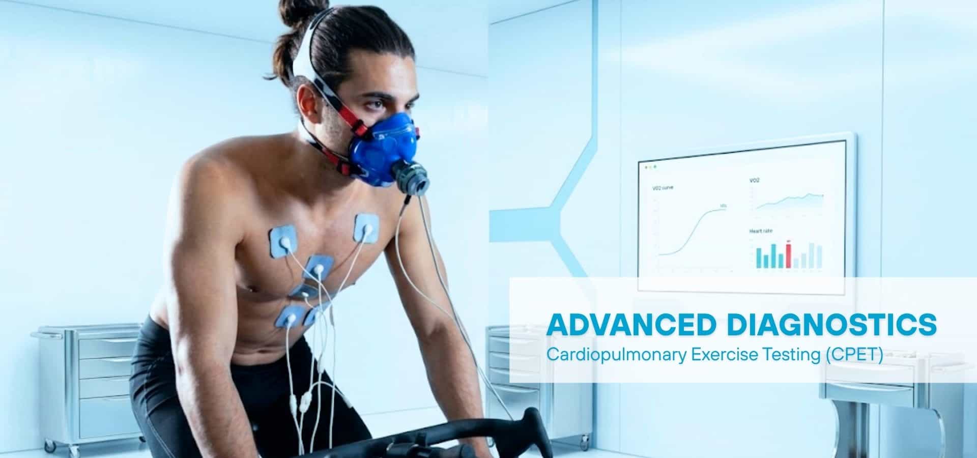 Man undergoing advanced diagnostics with cardiopulmonary exercise testing (CPET), wearing a breathing mask and sensors while cycling indoors with monitoring equipment.